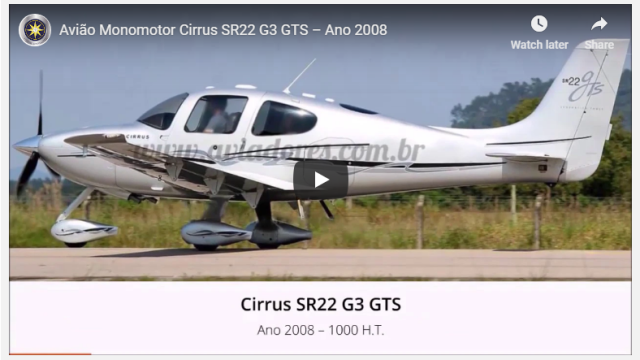 Avião Monomotor Cirrus SR22 G3 GTS – Ano 2008
